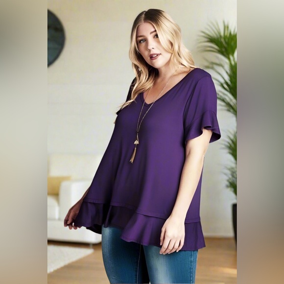 S/L NEW Womens Flutter Sleeve Solid Purple Top, Ruffle Hem Shirt - Picture 4 of 6
